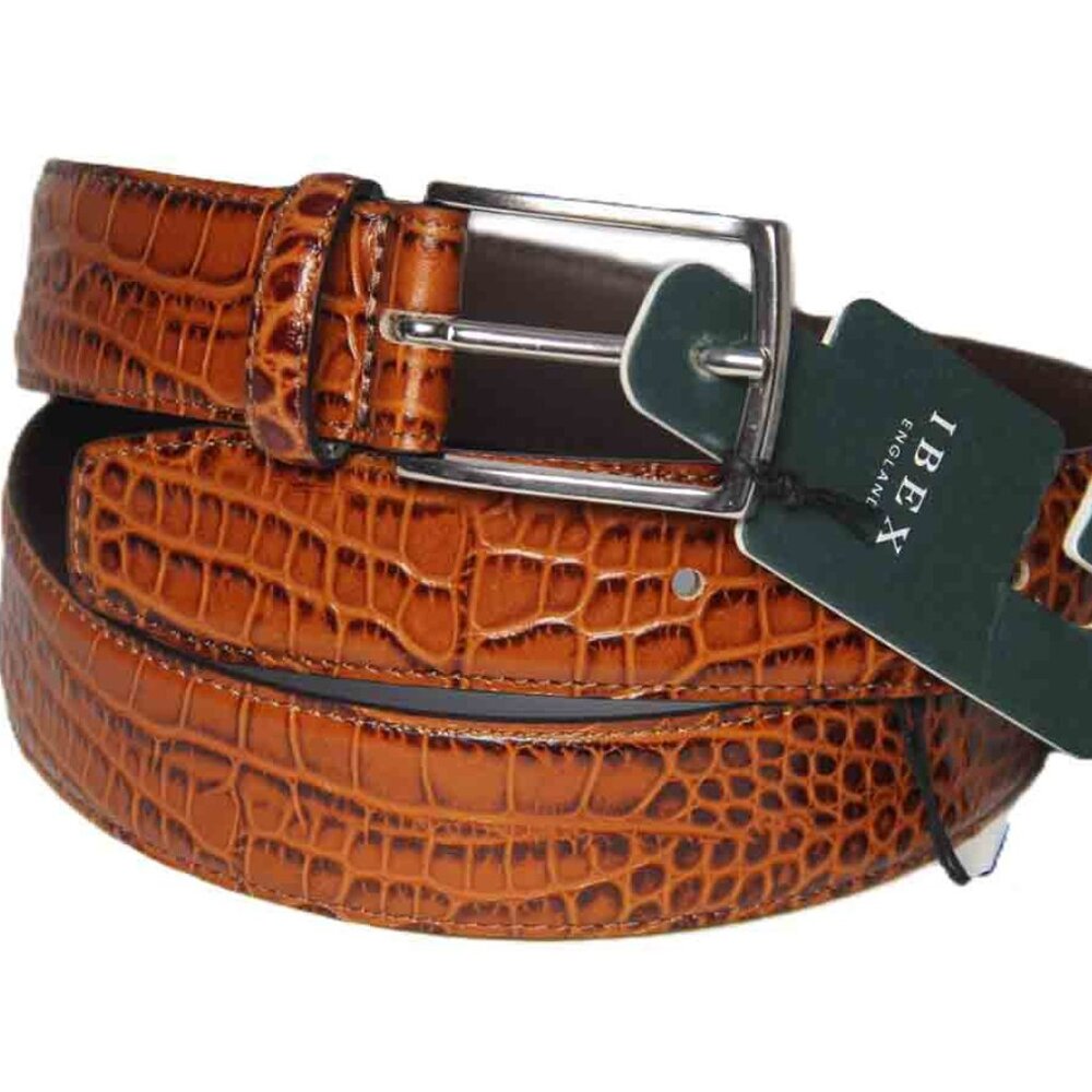 NEW IBEX ENGLAND Leather Dress Belt Brown Croc Pattern Men's Medium 32-34